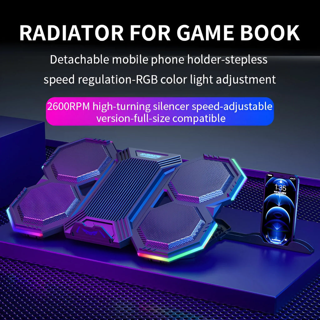 Laptop cooling pad with six fans, RGB light, seven height settings, 399x270x36.6 mm, for 12-21 inch notebooks