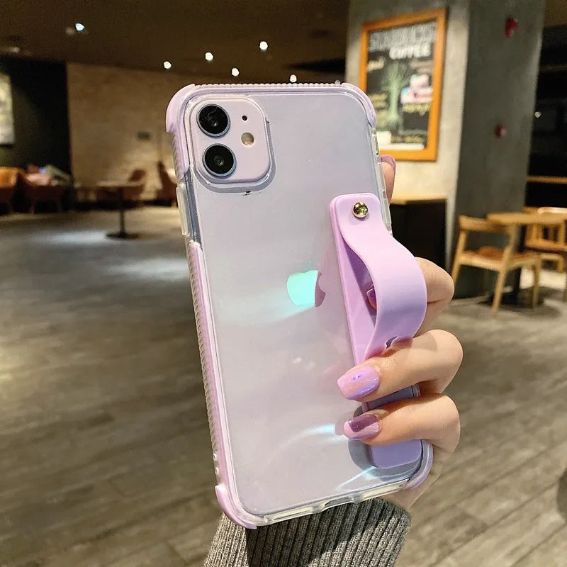 Transparent two-colour silicone phone case with a flip-out stand, shown in multiple colours.