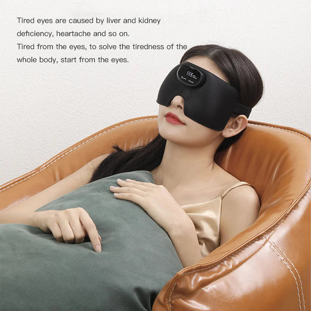 Black sleep aid smart eye mask with EMS massage, polyester and silicone build, rechargeable via USB