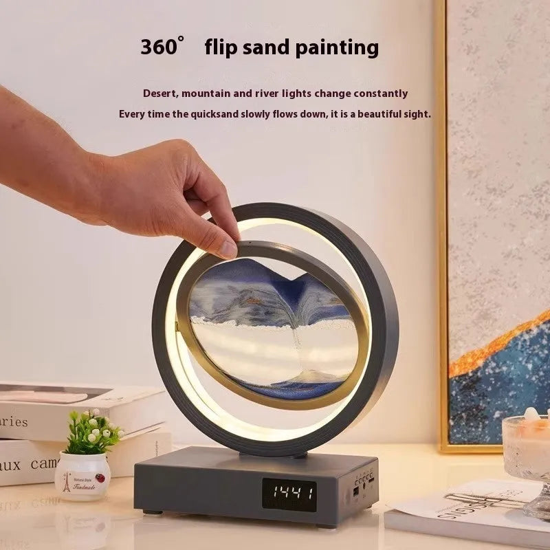 Quicksand painting clock with LED light, wireless charger, and speaker in a white frame
