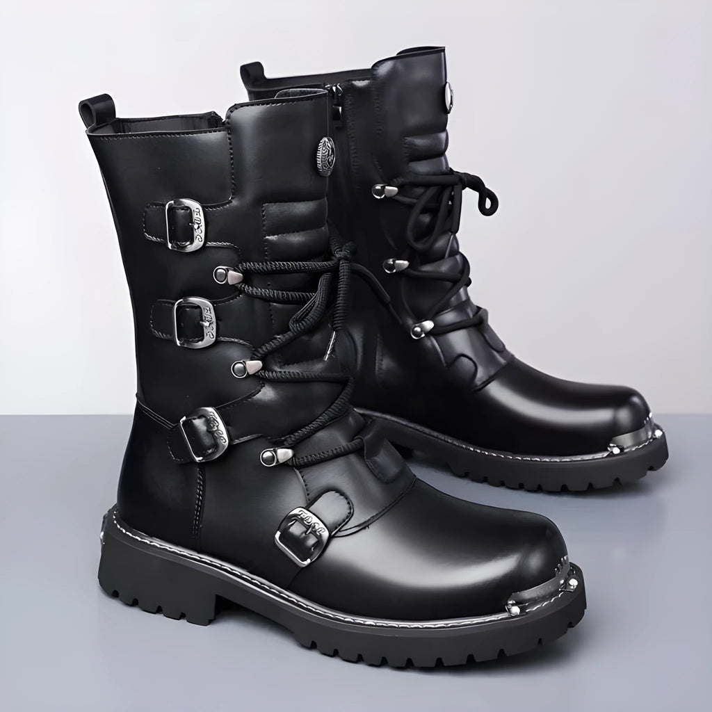 Black men's mid-calf riding boots with side zipper, round toe, flat heel, and suede finish.