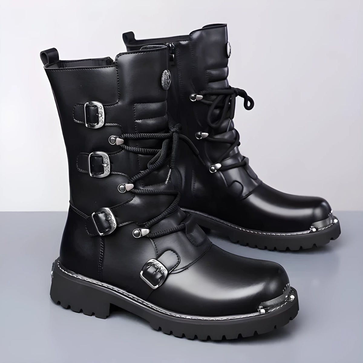 Black men's mid-calf riding boots with side zipper, round toe, flat heel, and suede finish.
