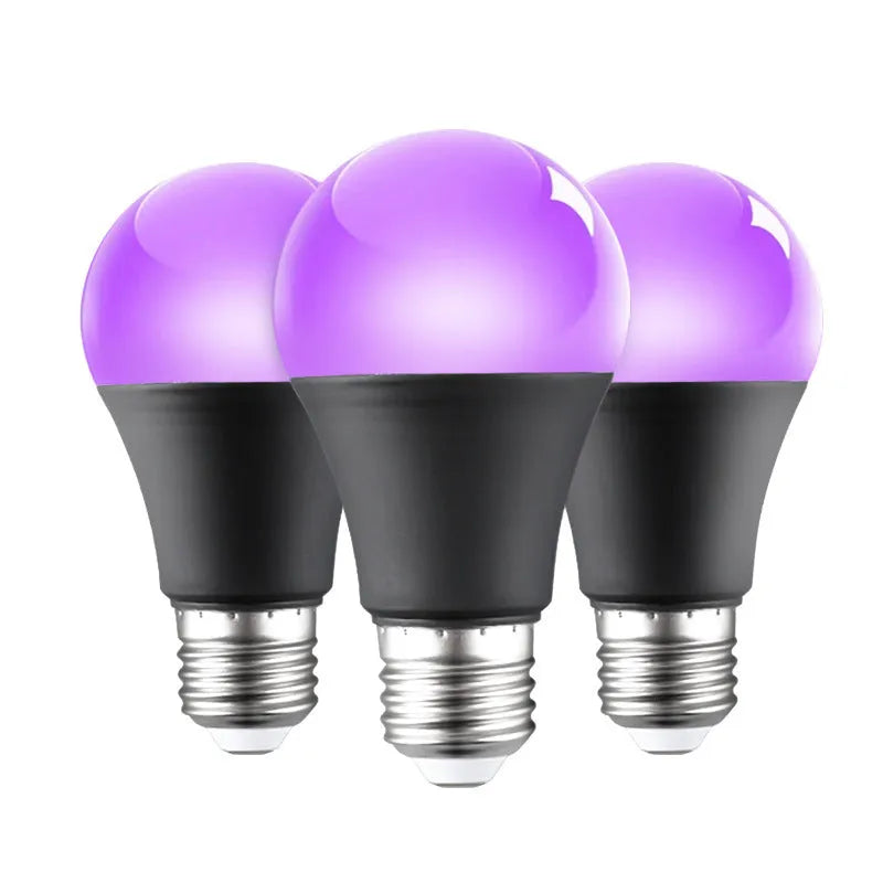 A19 purple LED light bulb 12W UV violet fluorescence with screw base on white background