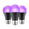 A19 purple LED light bulb 12W UV violet fluorescence with screw base on white background