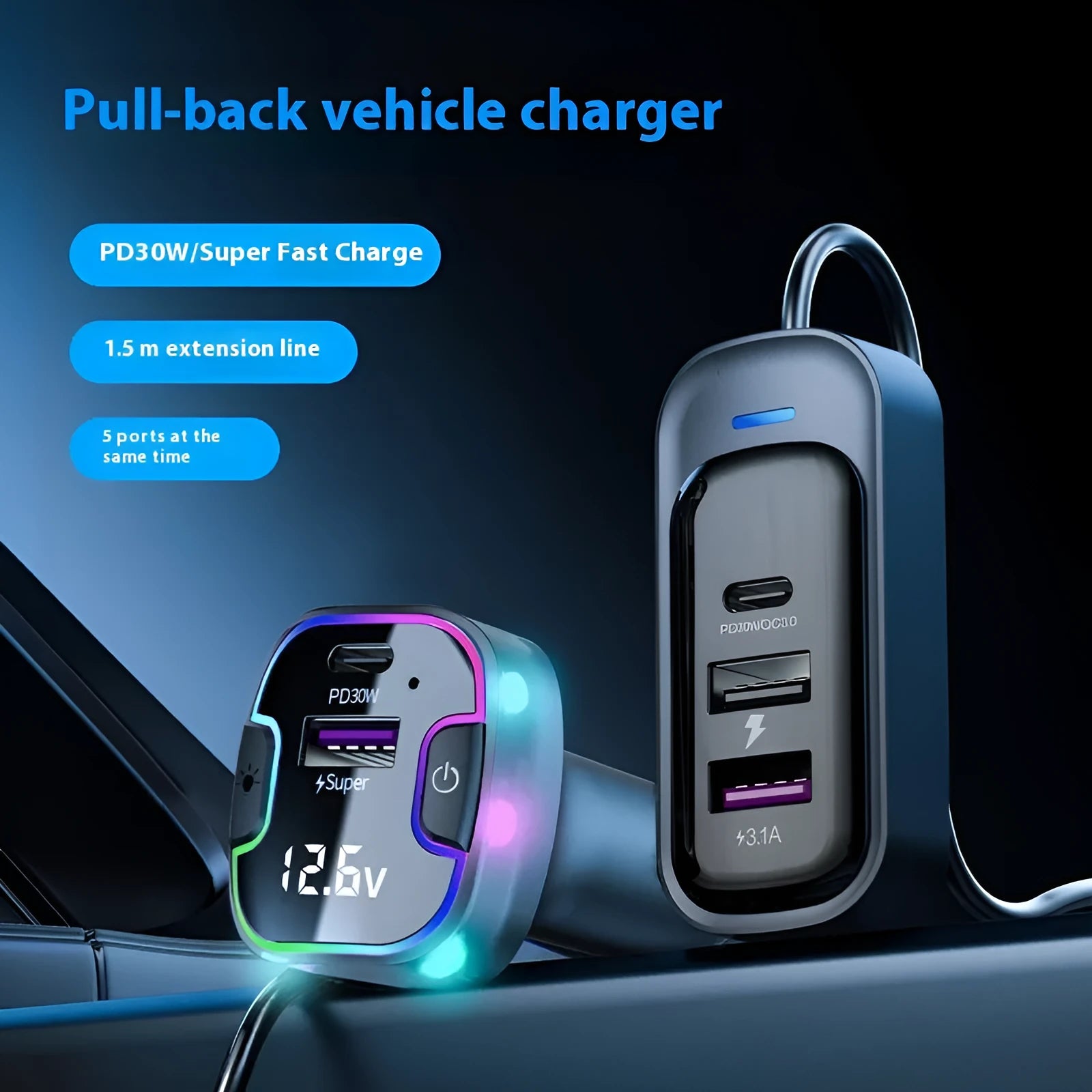 YQ8 Black five-port 120W car PD fast charger for front or rear vehicle installation