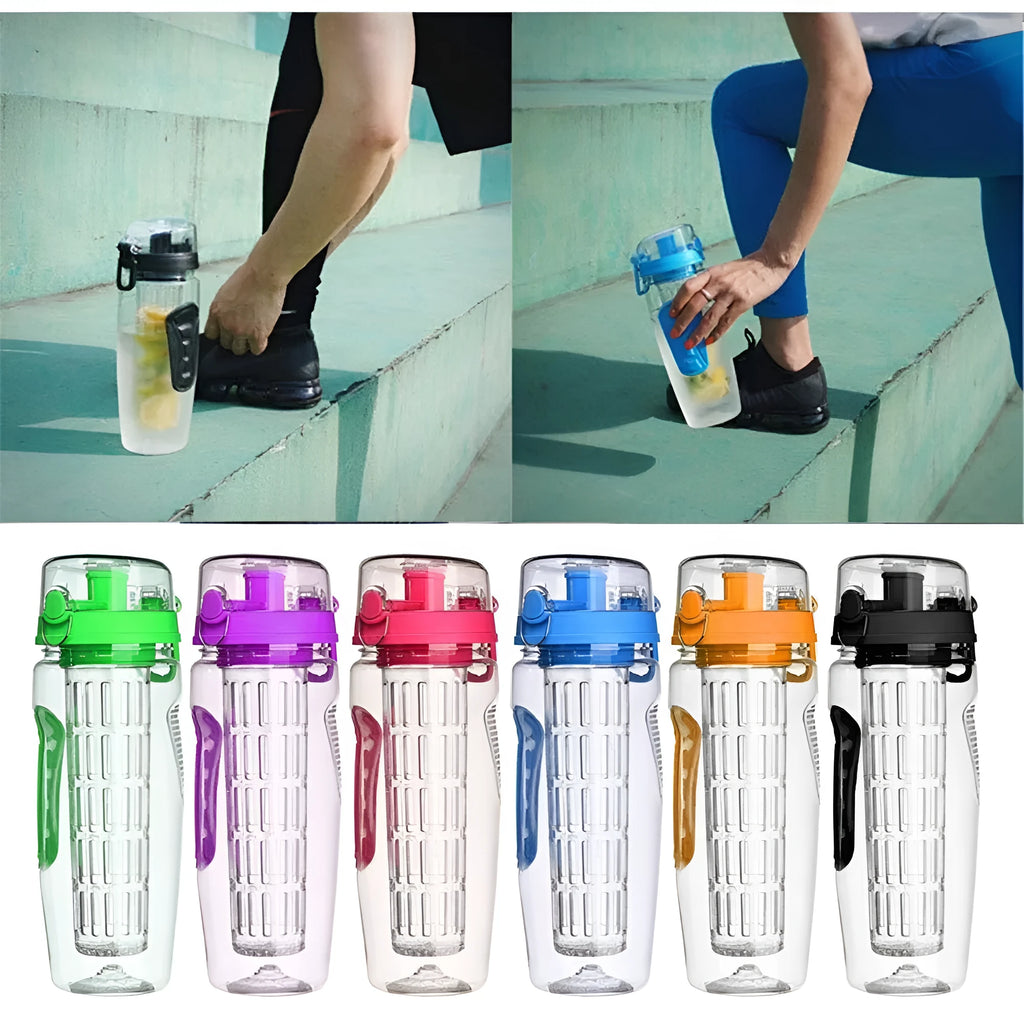 32oz Tritan fruit infuser water bottle with fruit cup, showing seven style options