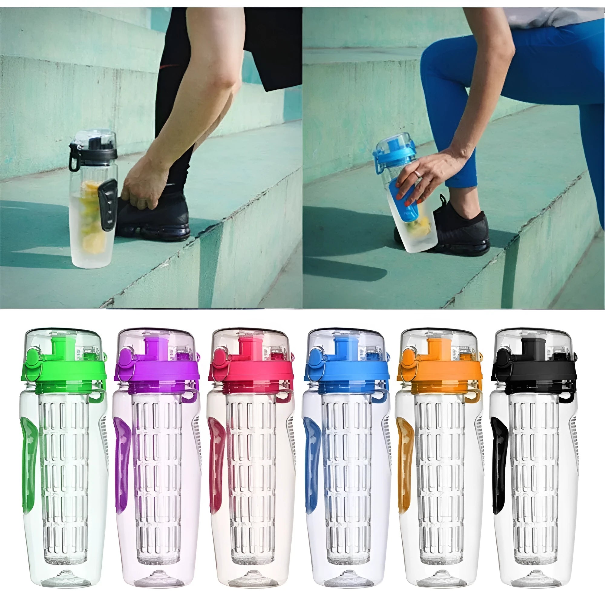32oz Tritan fruit infuser water bottle with fruit cup, showing seven style options