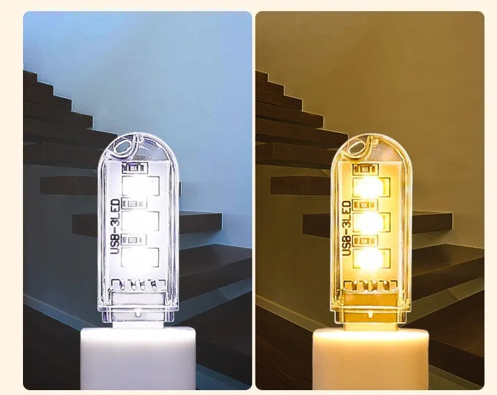 Small white USB-powered LED baby night light showing dual white and warm light options