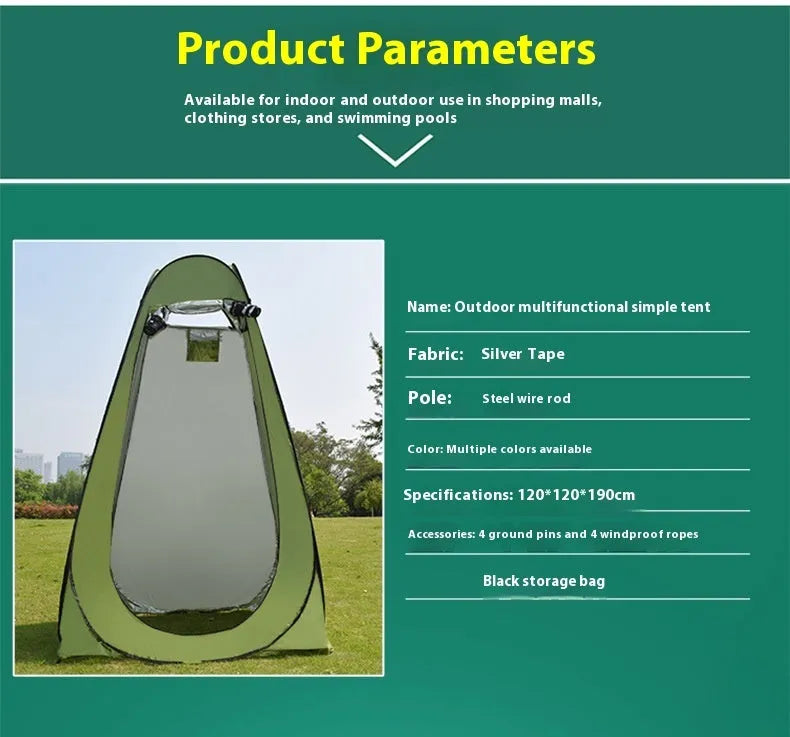 Outdoor camping changing tent with 190cm height shown with storage bag and ground anchoring accessories