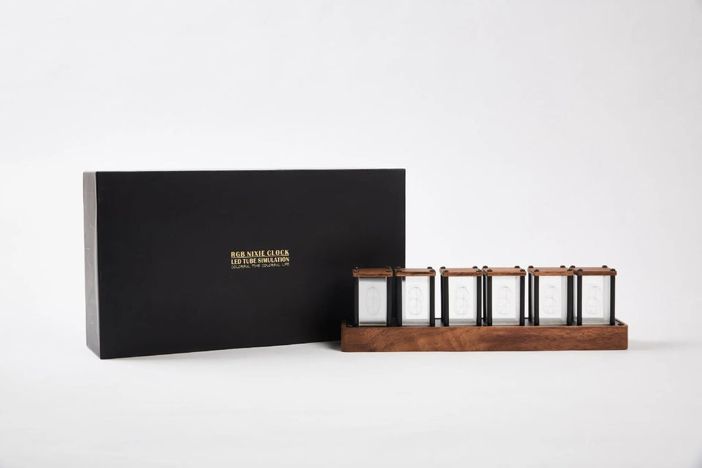 Analog Nixie tube digital alarm clock with walnut wood and aluminium alloy shell, six-grid 350mm design on a desk