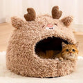Semi-enclosed cat litter kennel tent with flannel lining and removable lid in an animal print.