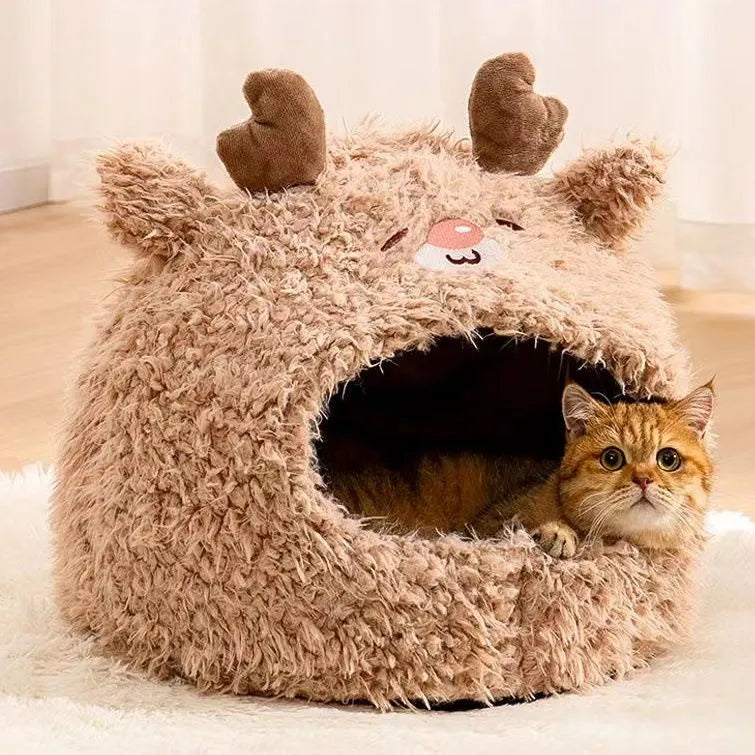 Semi-enclosed cat litter kennel tent with flannel lining and removable lid in an animal print.