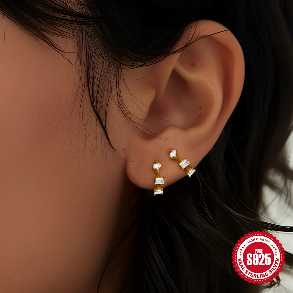 Sterling silver geometric stud earrings with small diamond eardrops in gold or silver electroplated finishes