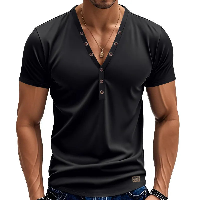 Men's loose fit V-neck t-shirt with button detail in light blue colour.