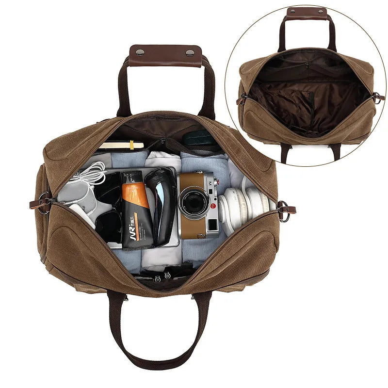 Large capacity canvas crossbody travel bag in retro style with sewing line detailing