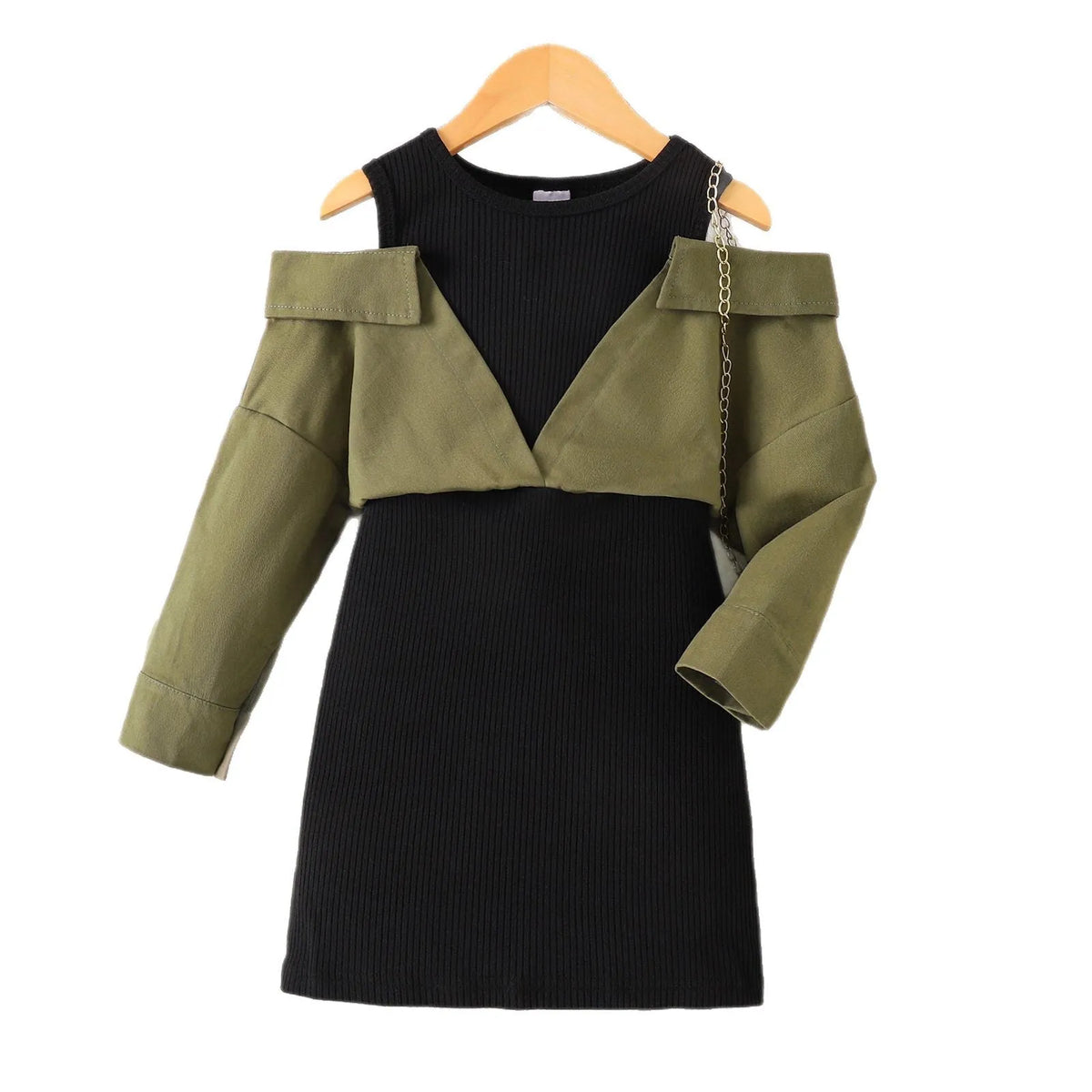 Children's off-shoulder long sleeve dress in military green, cotton pullover, sizes 4Y-7Y
