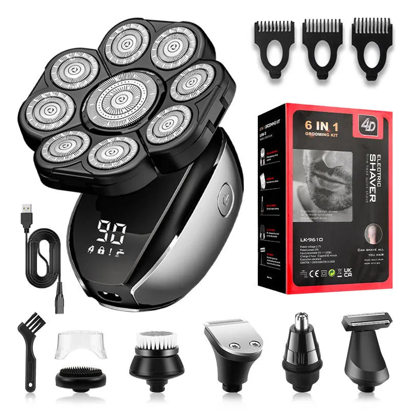Black rechargeable 6-in-1 haircut kit with clipper, shaver, nose trimmer, and attachments on a USB cable.