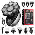 Black rechargeable 6-in-1 haircut kit with clipper, shaver, nose trimmer, and attachments on a USB cable.