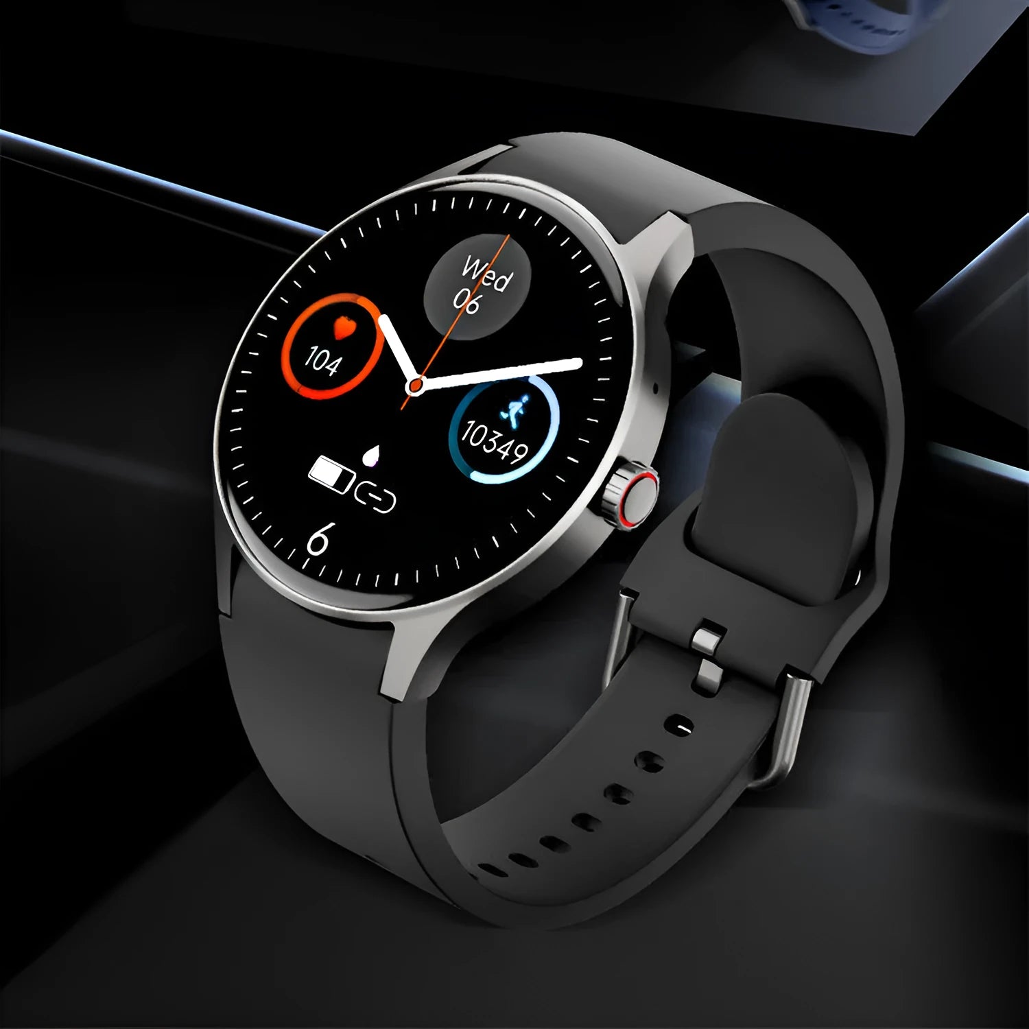 46mm diameter smart sport watch with round touchscreen displayed in black, blue, pink, or red colour options
