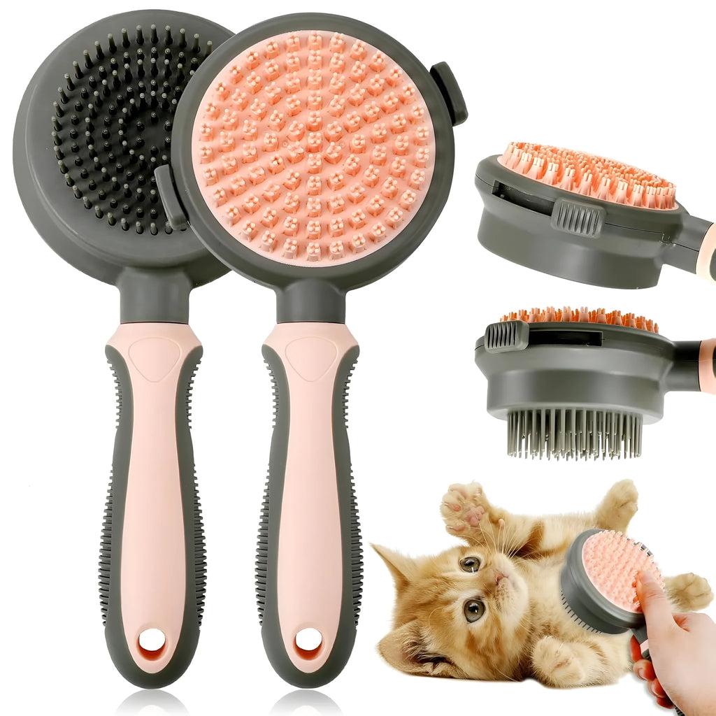 Green and pink double-sided cat grooming brush with plastic bristles, rubber massage pins, release button, and flea comb