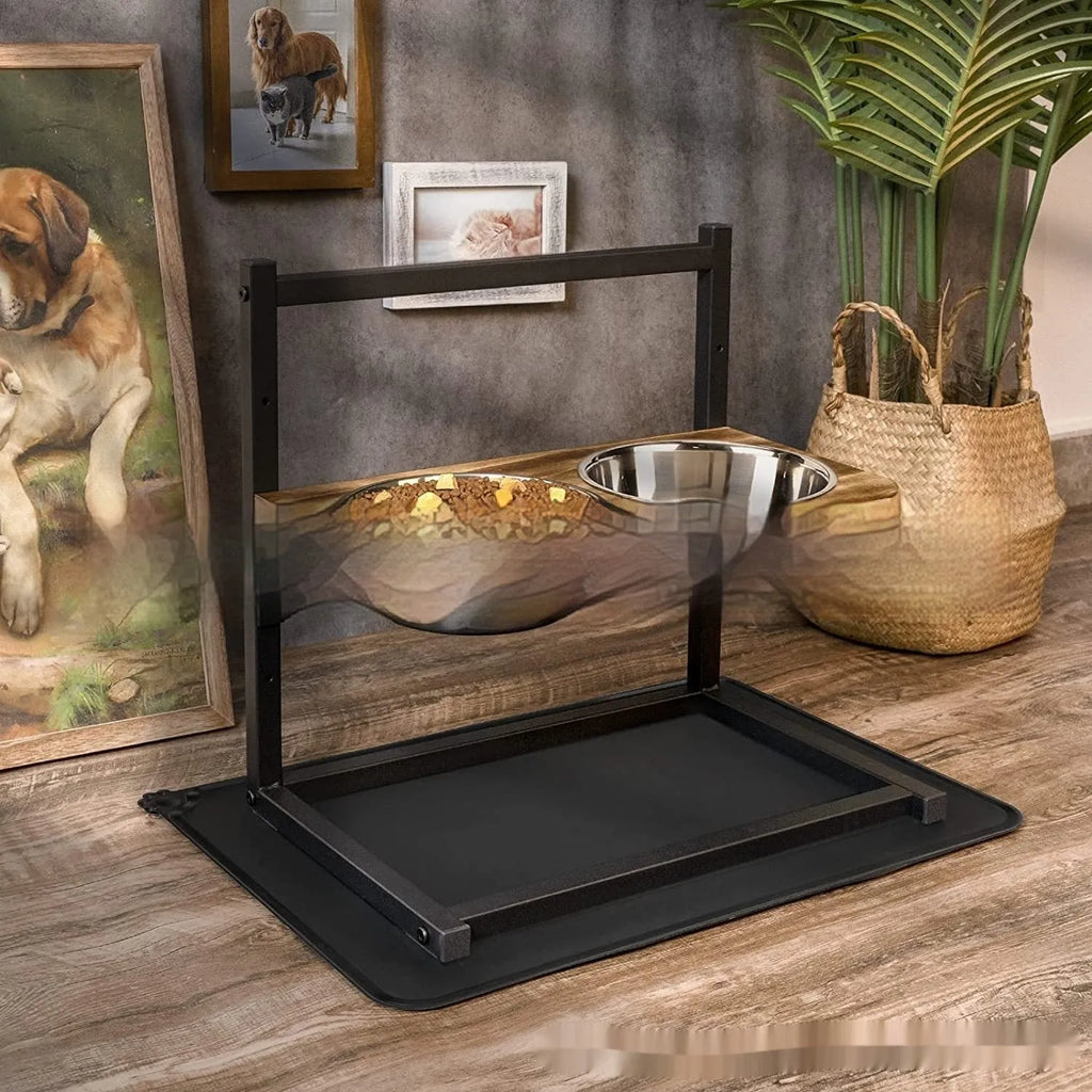 Large black metal dog bowl holder on floor for medium to large dogs.
