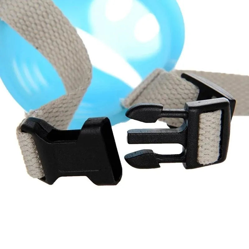 Blue silicone anti-bite mouth cover for dogs showing flexible construction and adjustable sizing
