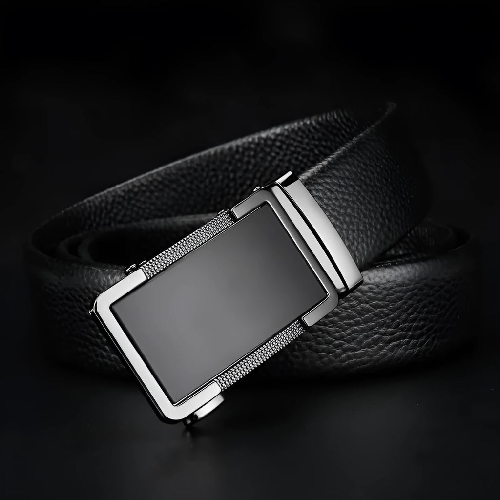 Men's leather belt with a silver automatic comfort click buckle on a black background.