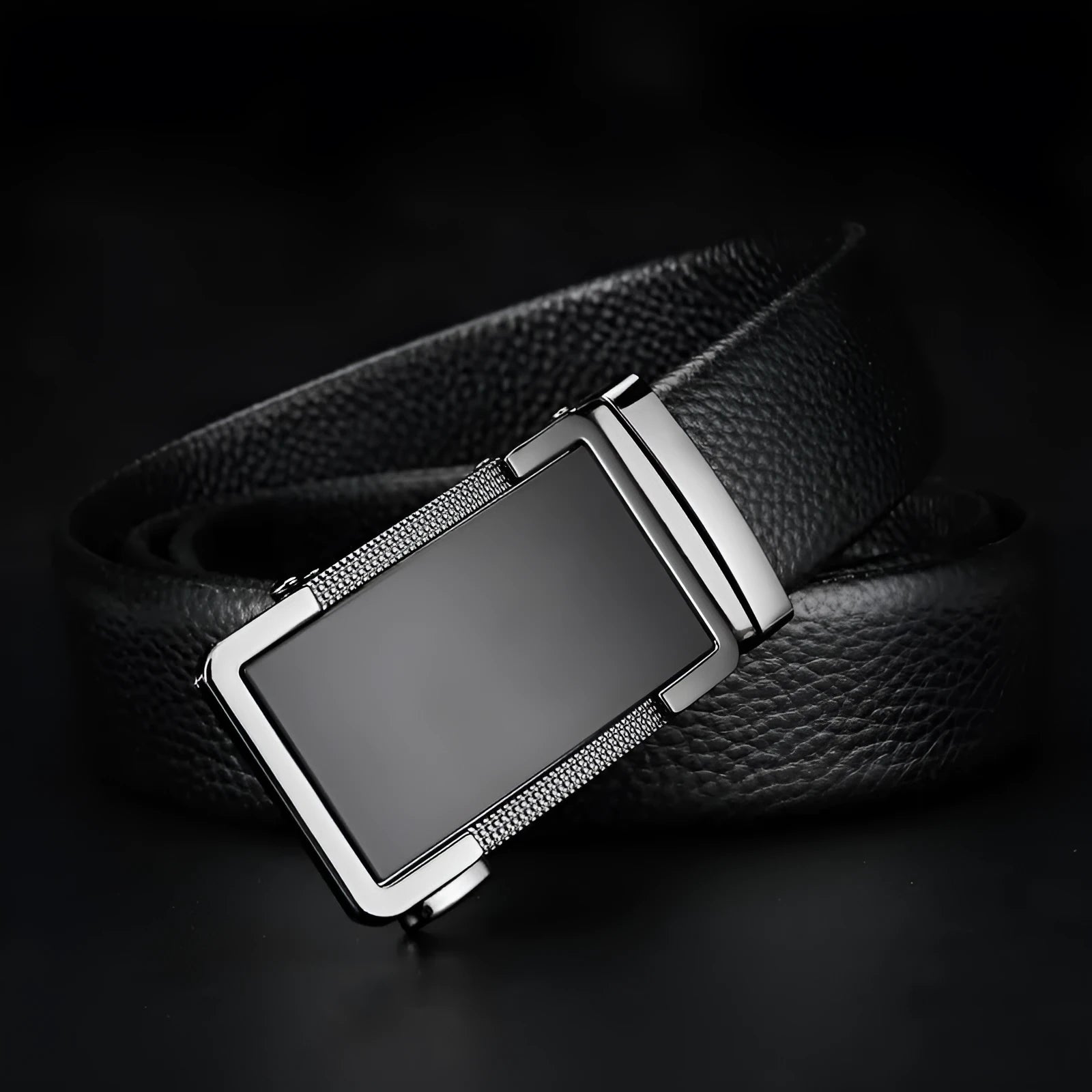 Men's leather belt with a silver automatic comfort click buckle on a black background.