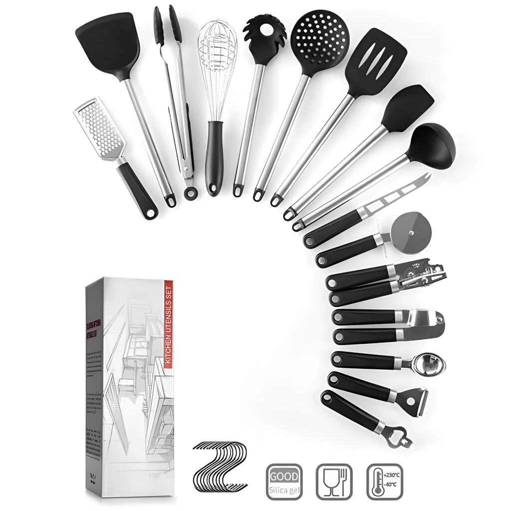 Black silicone spatula and spoon set with stainless steel handles - 16-piece kitchen utensil collection