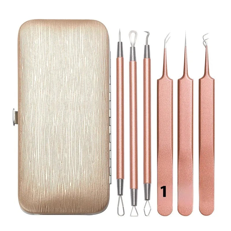 Six-piece stainless steel acne remover tool set in rose gold finish