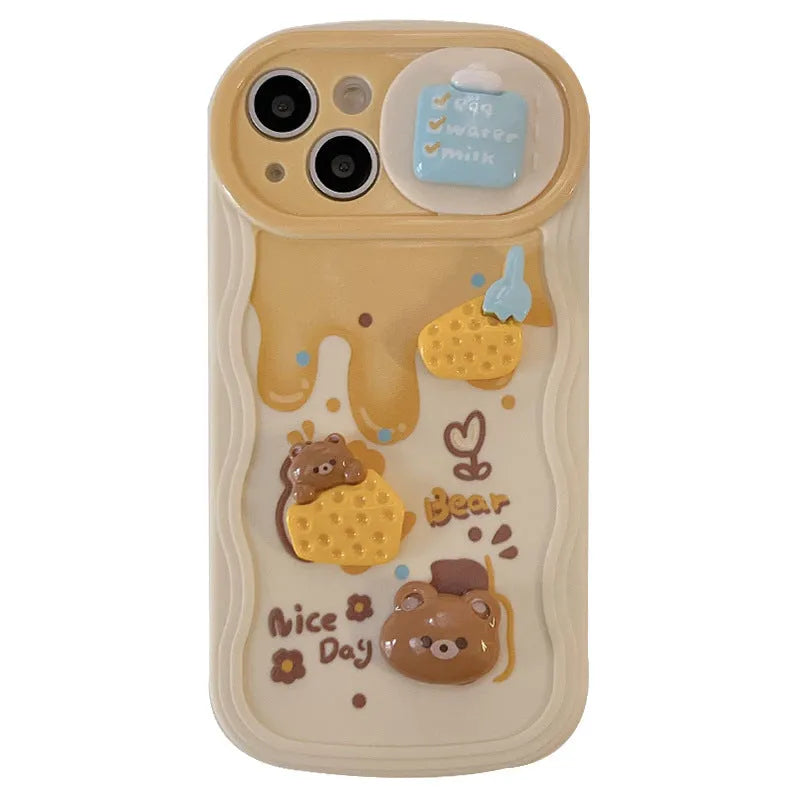 Apricot plastic phone case with Cheese Bear cartoon and sliding window for iPhone 14 Pro