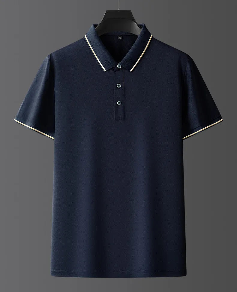 Men's pure colour short-sleeve shirt in a cotton and mulberry silk blend on a hanger.