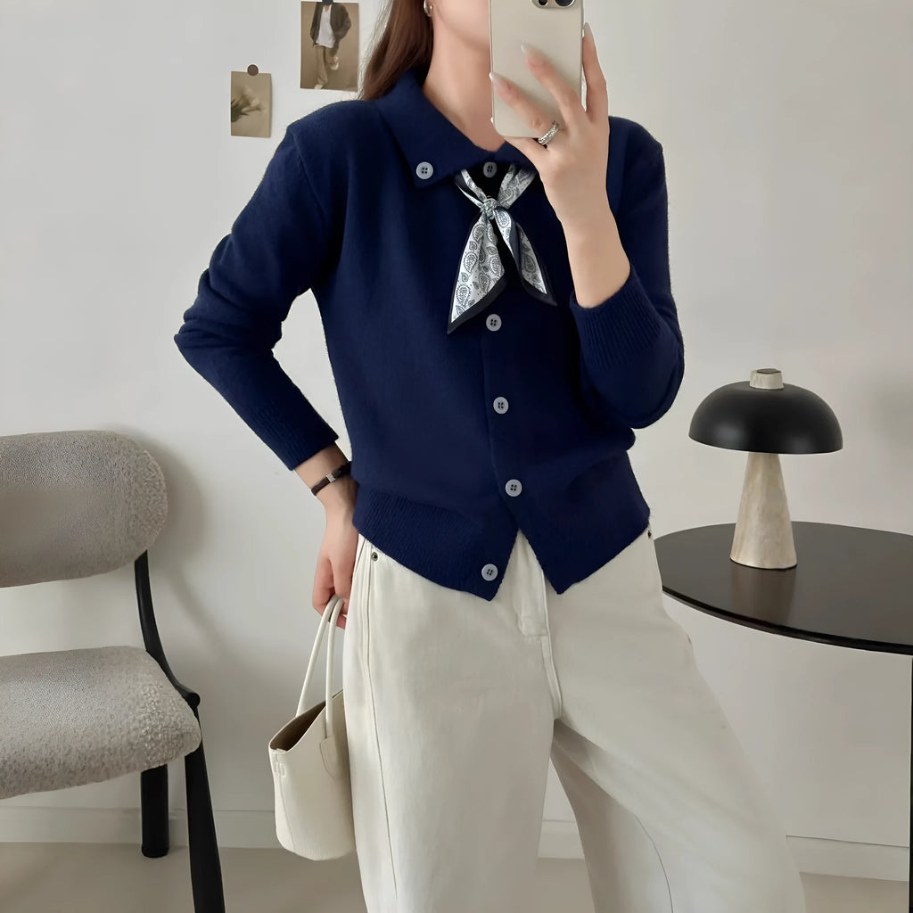 Lapel scarf sweater cardigan with long sleeves and splicing design in milky white colour