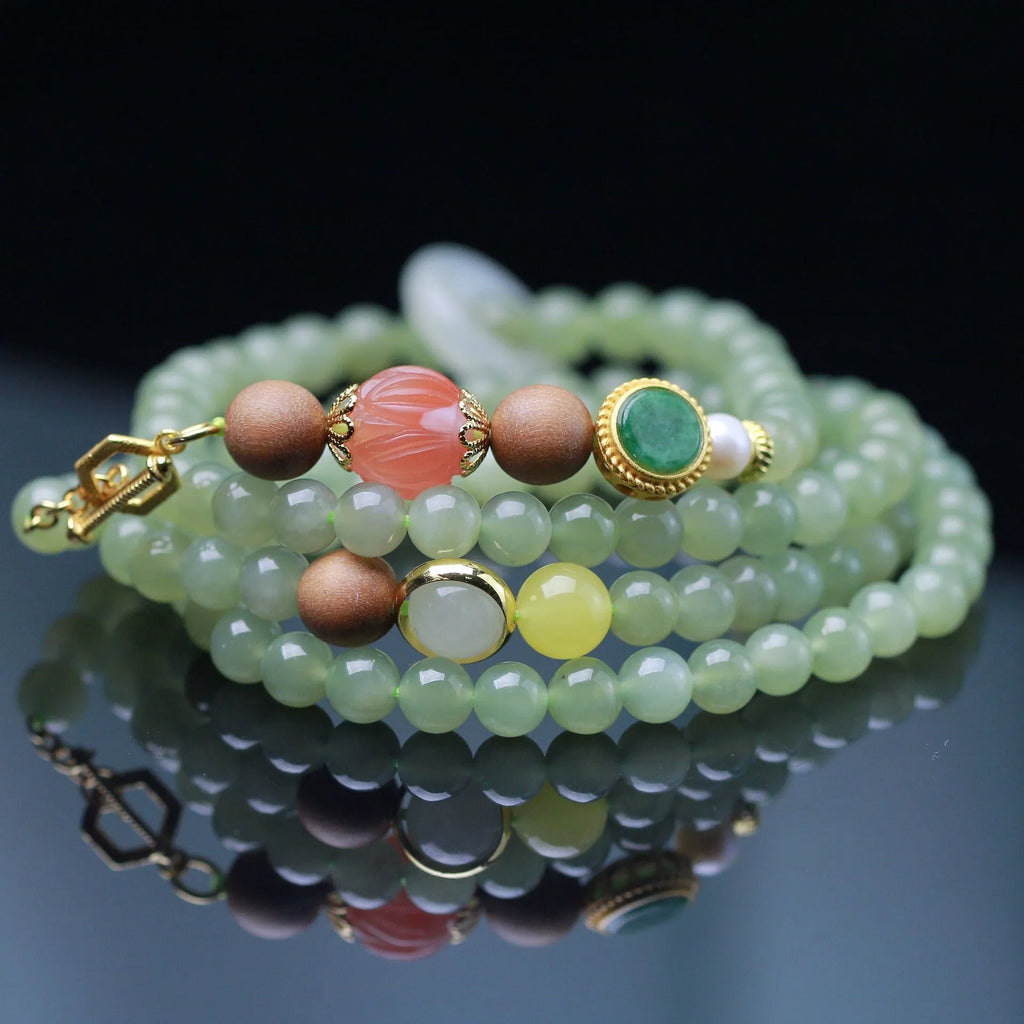 Hetian jade lotus beads necklace and sandalwood beeswax bracelet set with fu character zodiac design