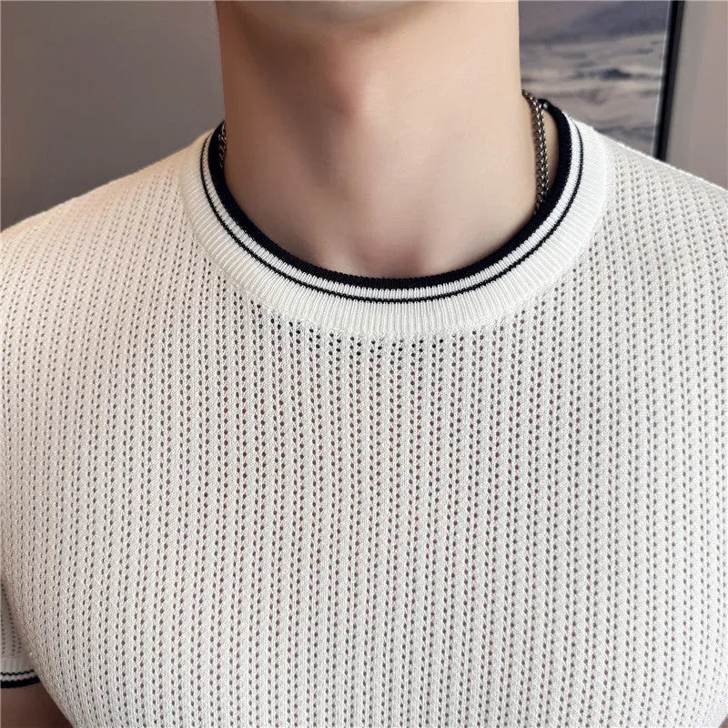 Men's round neck contrast colour stretch knitted t-shirt, short sleeve summer top in white, black or brown