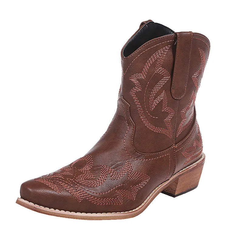 Blue embroidered women's cowgirl boots with a low wedge heel and pointed toe.