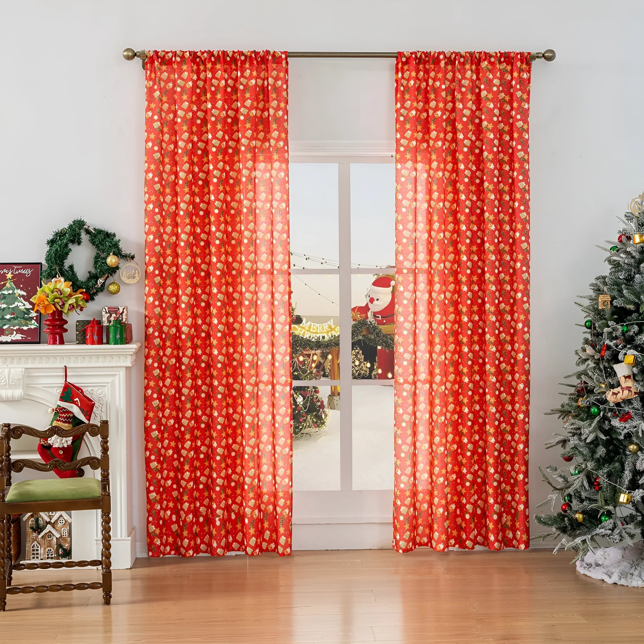 Christmas curtain with snowman angel cartoon print in green or red, 1 metre length