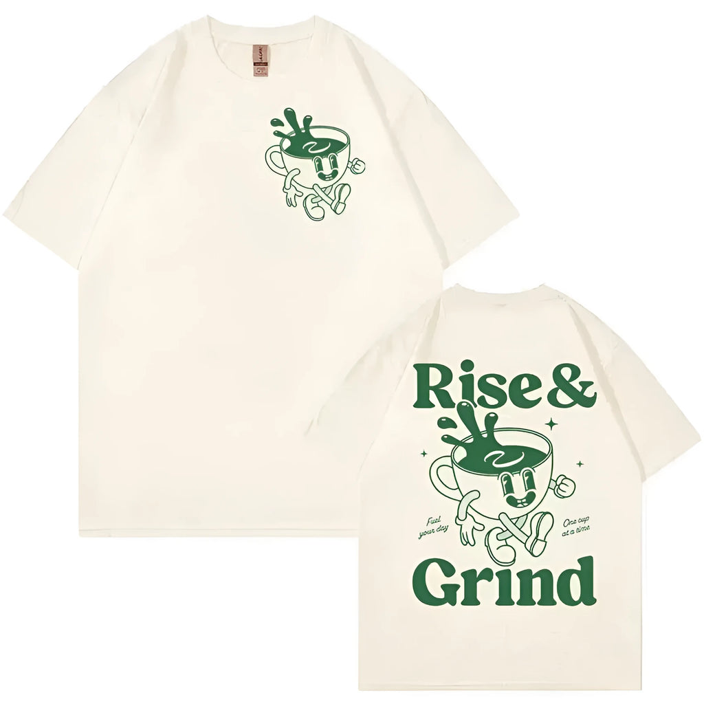 Loose fit linen cartoon t-shirt for teenage boys with Rise And Grind Green Coffee Fun Expression Bag print.