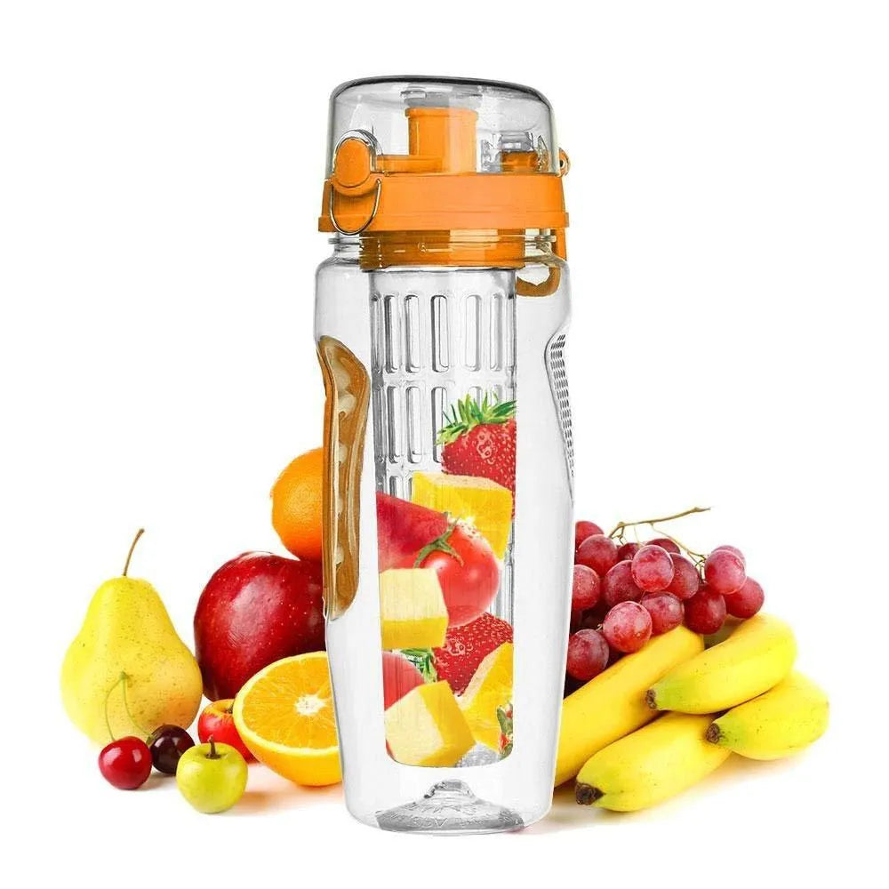 32oz Tritan fruit infuser water bottle with fruit cup, showing seven style options