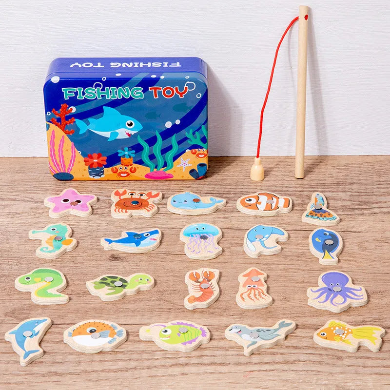 Children's magnetic fishing toy wooden set with 20 fish and 1 rod in iron box for infants