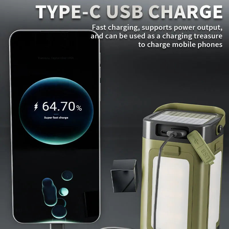 Solar camping light with four-leaf folding belt, press switch, 12 x 7 x 7 cm size and built-in 2000 mAh 18650 battery