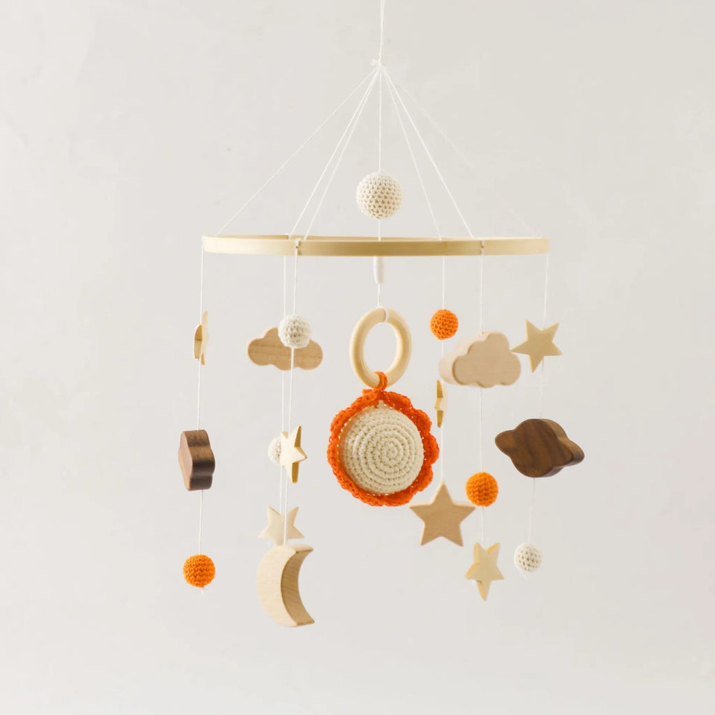 Wooden baby car hanging wind chime with crochet bed bell in moon, rainbow, sun or rocket options
