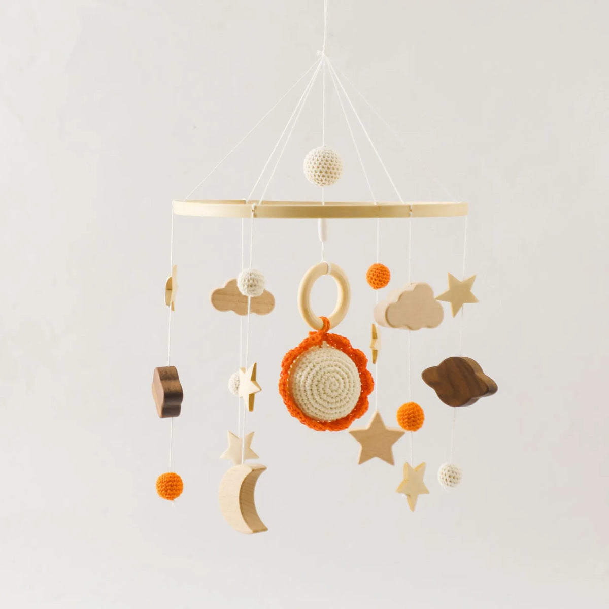 Wooden baby car hanging wind chime with crochet bed bell in moon, rainbow, sun or rocket options