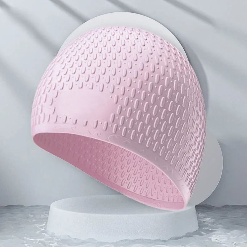 Solid colour silicone swimming cap with water drop design for adult swimmers