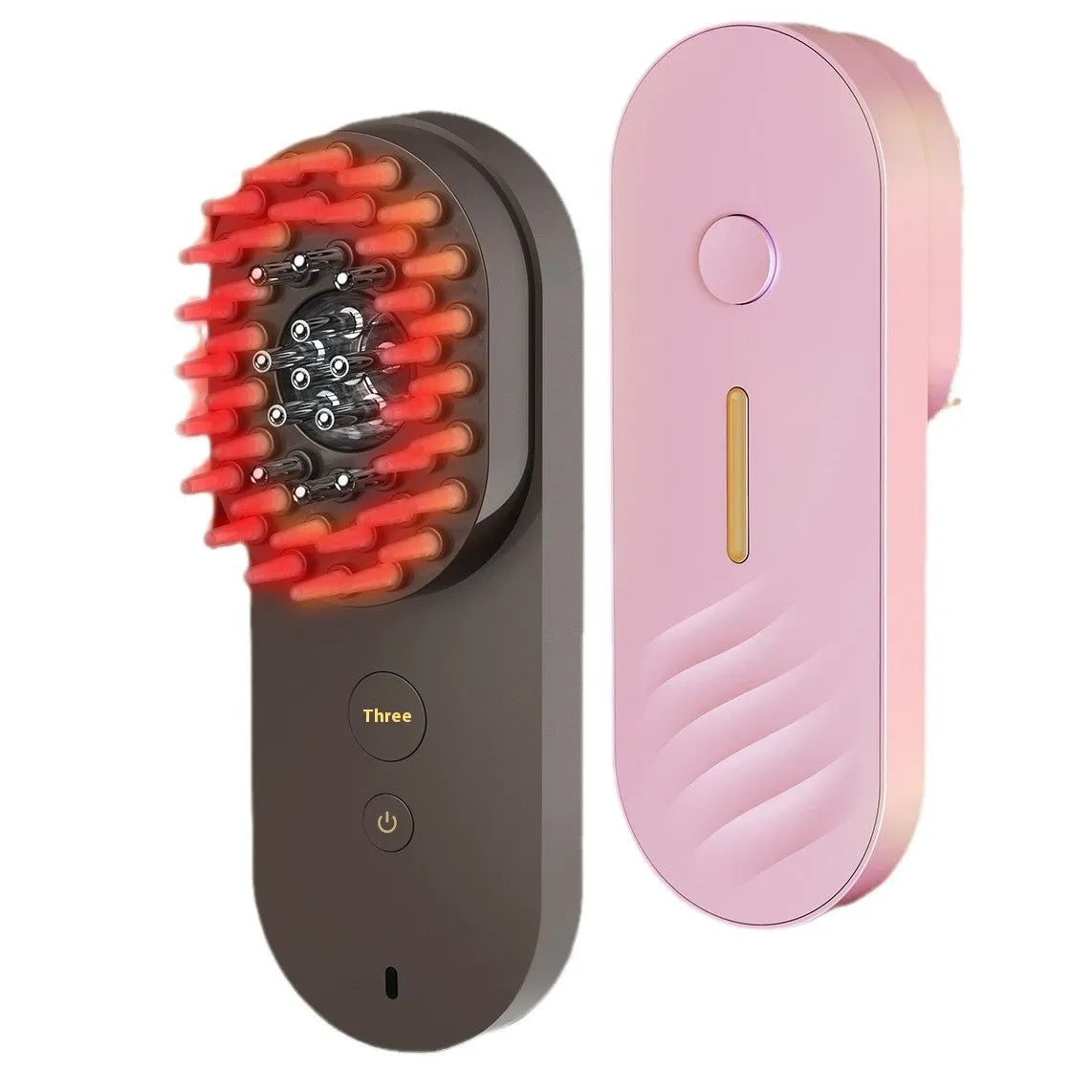 Smart massage comb with red light therapy in pink and black colours