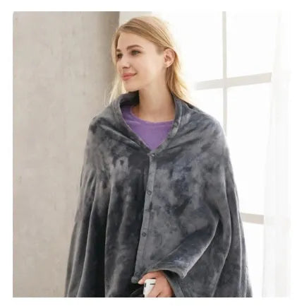 Dark grey USB electric heated plush blanket laid flat, showing controller with single button.