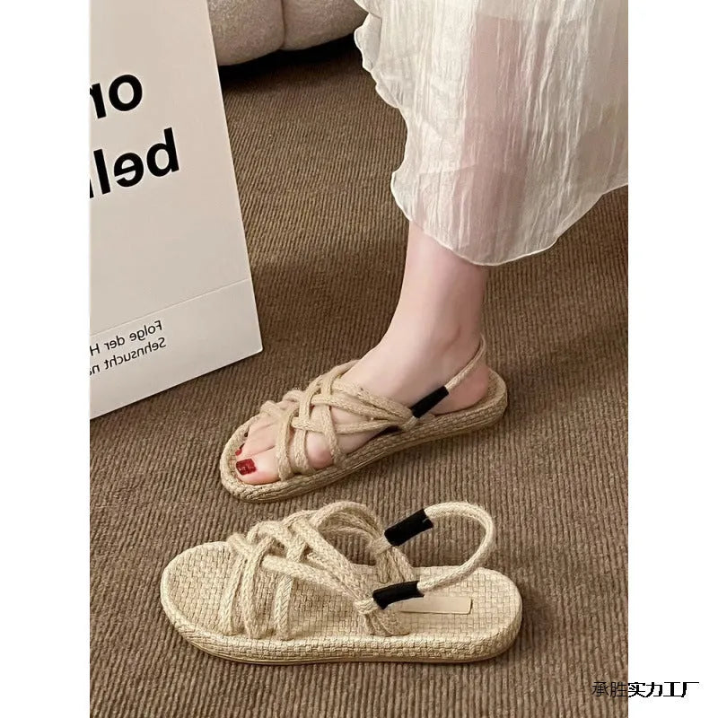 Braided hemp rope sandals in black or khaki, lightweight non-slip rubber sole, sizes 35-40