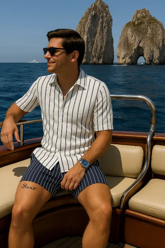 Men's light blue beach set with a casual shirt and elastic shorts