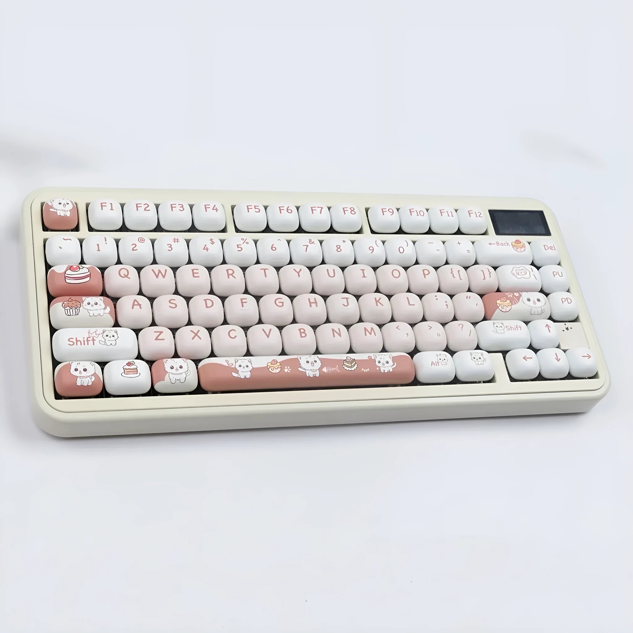 Round mechanical keyboard key cap set with colourful dessert cat cartoon design.