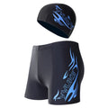 Men's plus size boxer swimming trunks with matching cap in polyester fabric with fire pattern design